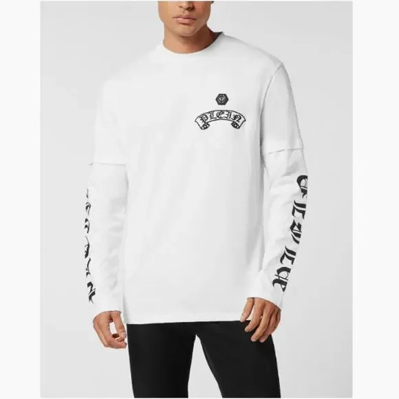 Philipp Plein Men's White Banner Embroidery Double Sleeve T-Shirt Size XXL